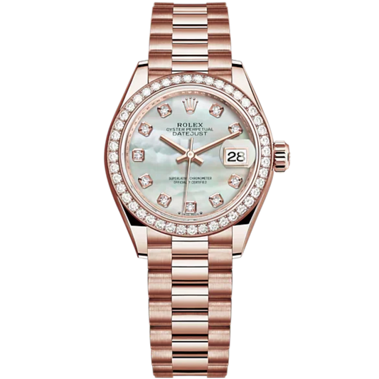 Lady-DateJust 28mm President Bracelet and 18 KT Everose Gold with White Mother-of Pearl Dial Diamond-Set Dial and Bezel