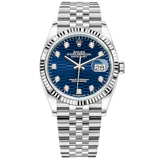 Rolex Datejust 36mm Oystersteel and White Gold on Jubilee Blue Fluted-Motif Diamond-set Dial Fluted Bezel