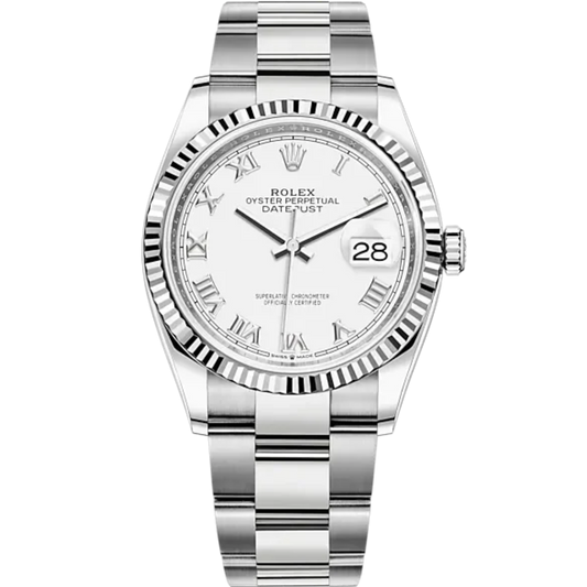 Rolex Datejust Ref. 126234 36mm White Gold Oyster Bracelet White Roman Dial Fluted Bezel