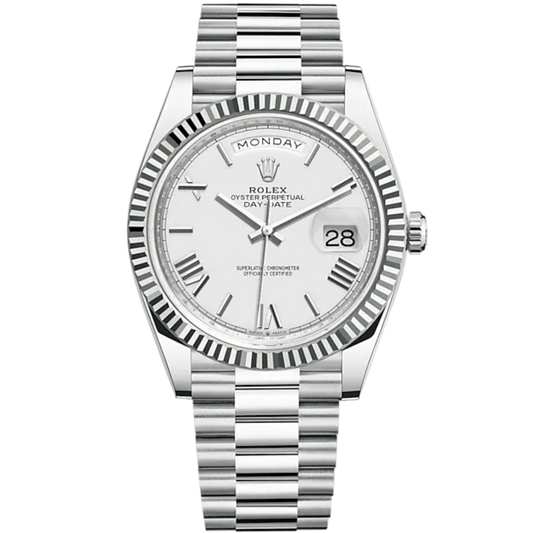 Day-Date 40 40mm President Bracelet and Platinum with White Roman Dial Fluted Bezel