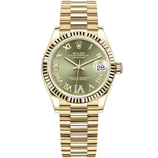 Datejust 31 31mm President Bracelet and 18 CT Yellow Gold with Olive-Green Diamond Dial Fluted Bezel