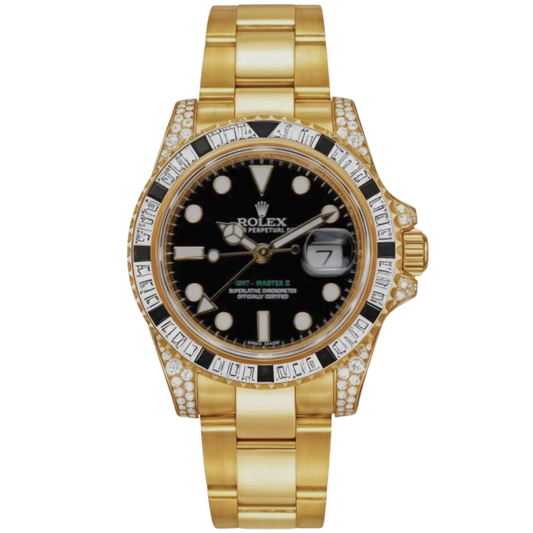 Rolex GMT Ref. 116758SANR Yellow Gold White/Black Diamond Gem Set Bezel/Black Dial