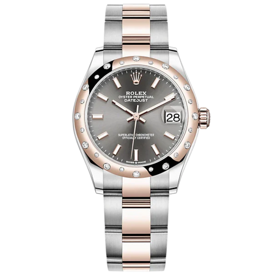 Rolex Datejust Ref. 278341RBR Two-Tone Rose Gold Grey Stick Dial on Oyster with Diamond Bezel