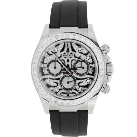 Rolex Daytona Eye of The Tiger Ref. 116589TBR White Gold  Pave Dial/Baguette Bezel on Oysterflex