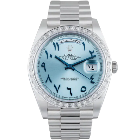 Rolex Day Date Ref. 228396TBR Platinum Baguette Bezel Blue Arabic Dial