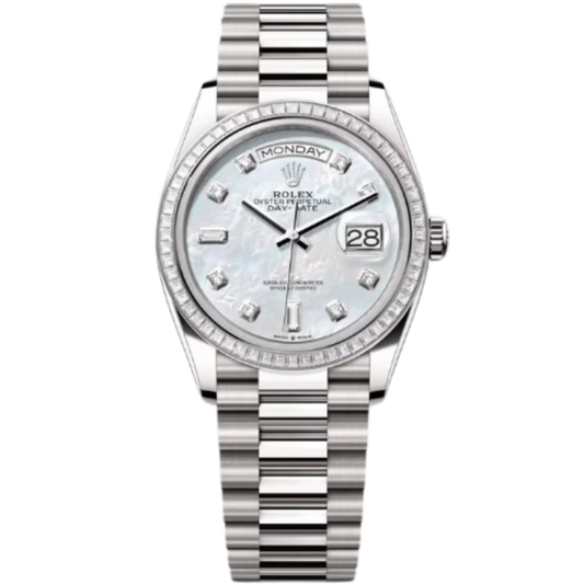 Rolex Day-Date Ref. 128399TBR 36MM White Gold Case Mother of Pearl Dial with Diamonds and Diamond Set Bezel