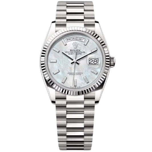 Rolex Day-Date Ref. 128239 36MM White Gold Case Mother of Pearl Dial with Baguette Diamonds