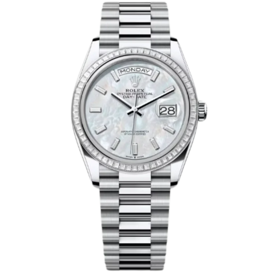 Rolex Day-Date Ref. 128396TBR 36MM Platinum Case Mother of Pearl Dial with Baguette Diamonds and Diamond Bezel