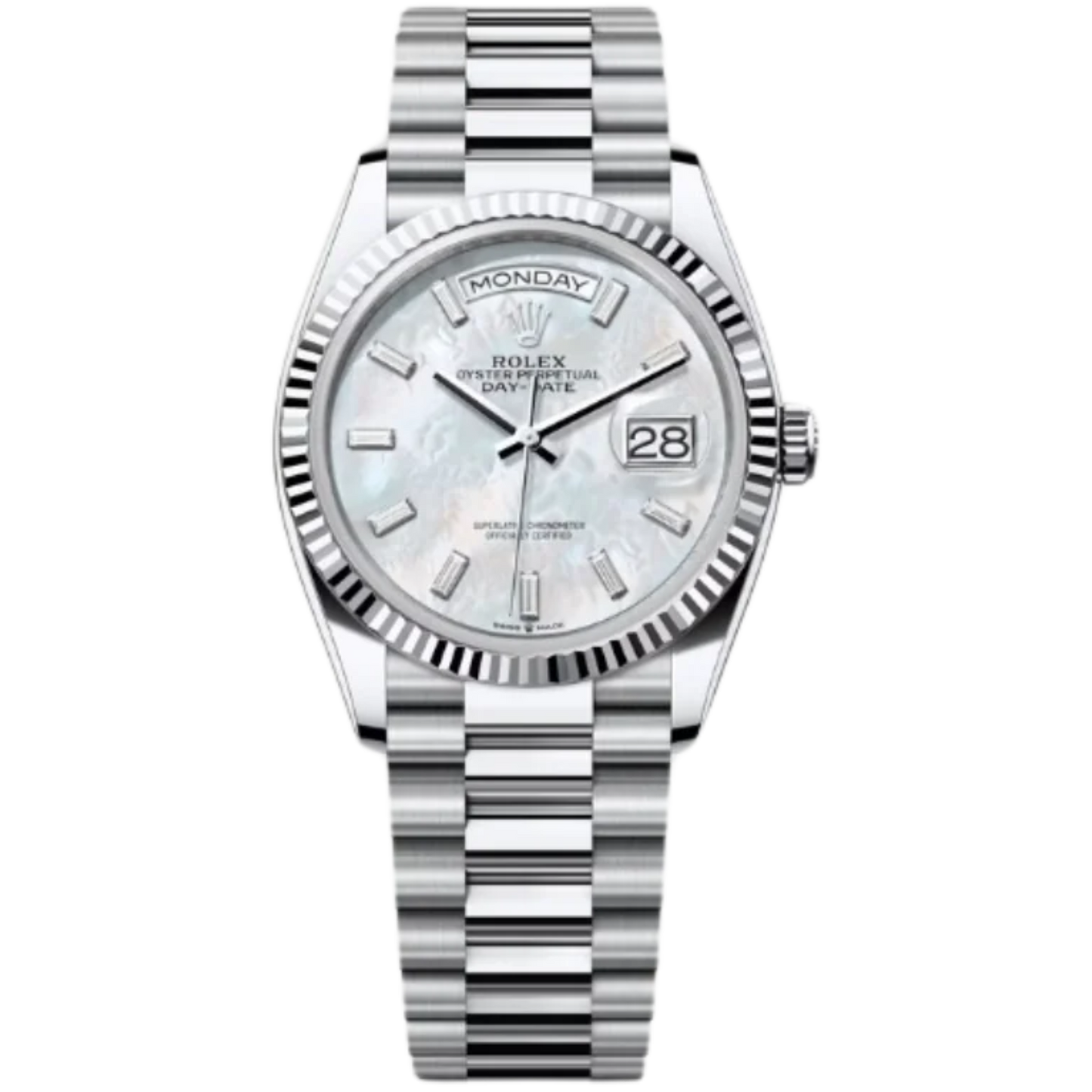 Rolex Day-Date Ref. 128236 36MM Platinum Case Mother of Pearl Dial with Baguette Diamonds