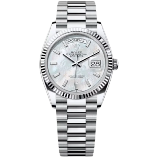 Rolex Day-Date Ref. 128236 36MM Platinum Case Mother of Pearl Dial with Baguette Diamonds