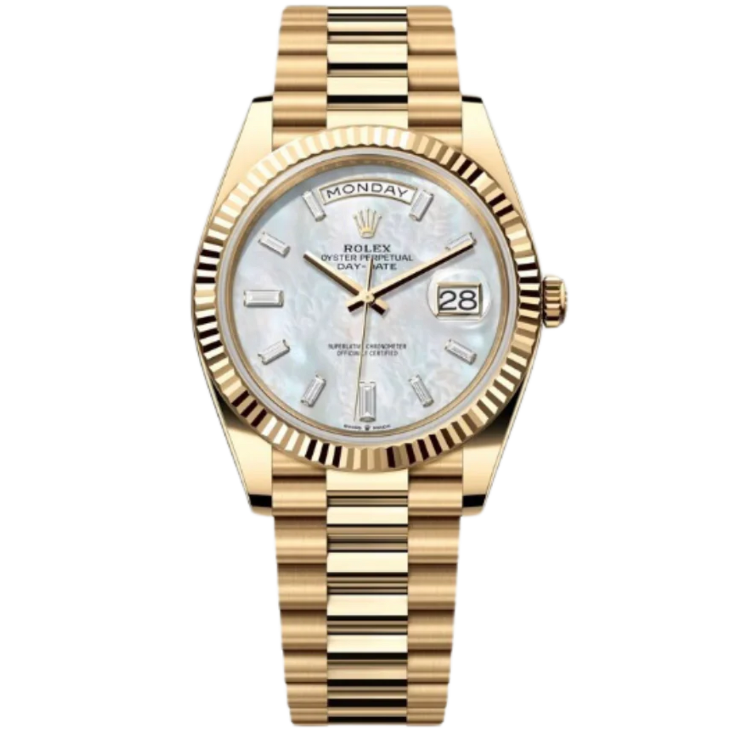 Rolex Day-Date Ref. 228238 40MM Yellow Gold Case Mother of Pearl Dial Baguette Diamonds