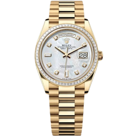 Rolex Day-Date Ref. 128398TBR 36MM Yellow Gold Case Mother of Pearl Dial with Baguette Diamonds and Diamond Set Bezel