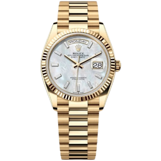 Rolex Day-Date Ref. 128238 36MM Yellow Gold Case Mother of Pearl Dial Baguette Diamonds