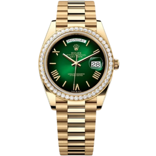 Rolex Day-Date Ref. 228348RBR 40MM Yellow Gold Case Ombré Green Dial Diamond Set Bezel
