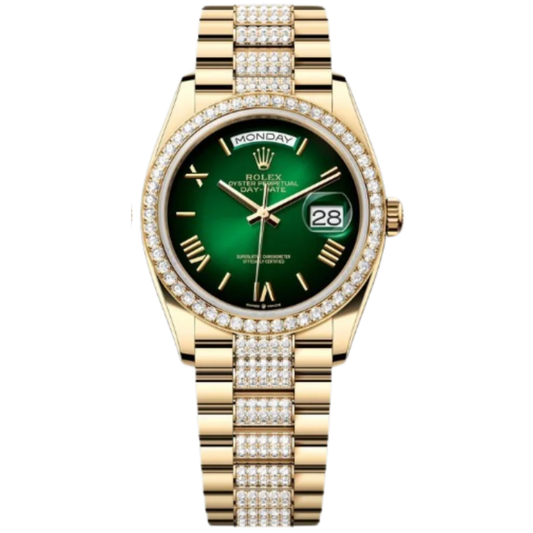 Rolex Day-Date Ref. 128348RBR 36MM Yellow Gold Case Ombré Green Dial Diamond Set Bezel and Links