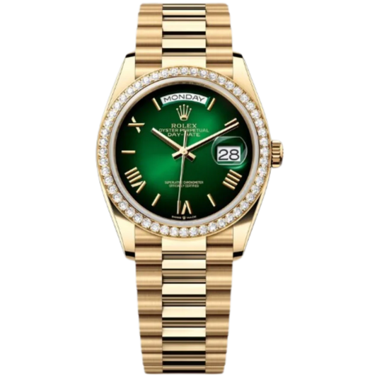 Rolex Day-Date Ref. 128348RBR 36MM Yellow Gold Case Ombré Green Dial Diamond Set Bezel
