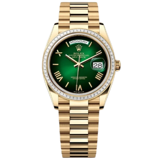 Rolex Day-Date Ref. 128398TBR 36MM Yellow Gold Case Ombré Green Dial Diamond Set Bezel
