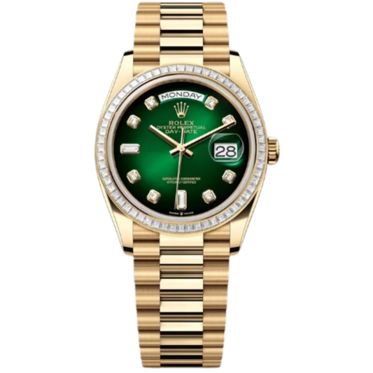 Rolex Day-Date Ref. 128398TBR 36MM Yellow Gold Case Ombré Green Dial Diamond Bezel and Markers