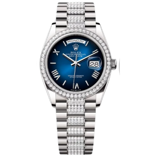 Rolex Day-Date Ref. 128349RBR 36MM White Gold Case Ombré Blue Dial Diamond Bezel and Links