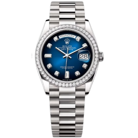 Rolex Day-Date Ref. 128349RBR 36MM White Gold Case Ombré Blue Dial Diamond Bezel and Markers