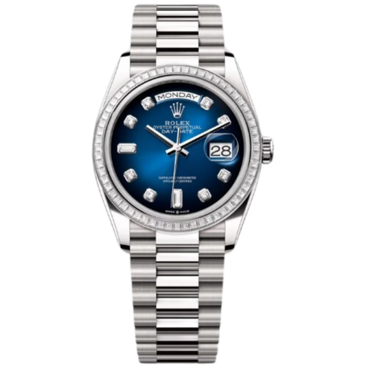 Rolex Day-Date Ref. 128399TBR 36MM White Gold Case Ombré Blue Dial Diamond Bezel and Markers