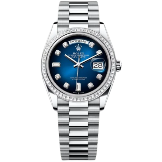 Rolex Day-Date Ref. 128396TBR 36MM Platinum Ombré Blue Dial Diamond Bezel and Markers