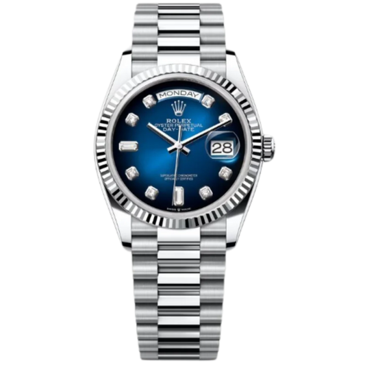 Rolex Day-Date Ref. 128236 36MM Platinum Ombré Blue Dial Diamond Markers