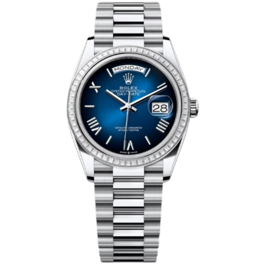 Rolex Day-Date Ref. 128396TBR 36MM Platinum Ombré Blue Dial Diamond Set Bezel