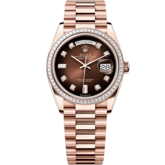 Rolex Day-Date Ref. 128395TBR 36MM Everose Gold Ombré Brown Dial Diamond Bezel and Markers