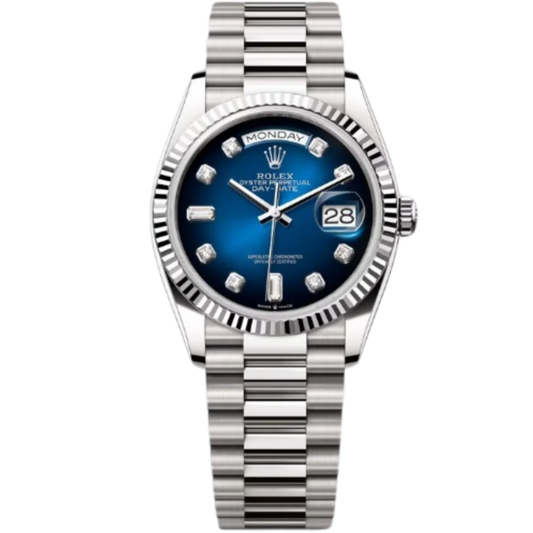 Rolex Day-Date Ref. 128239 36MM White Gold Case Ombré Blue Dial Diamond Markers