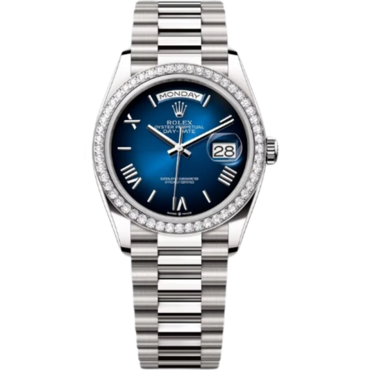 Rolex Day-Date Ref. 128349RBR 36MM White Gold Case Ombré Blue Dial Diamond Set Bezel (Copy)