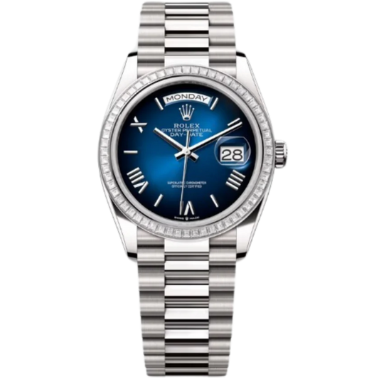 Rolex Day-Date Ref. 128399TRB 36MM White Gold Case Ombré Blue Dial Diamond Set Bezel