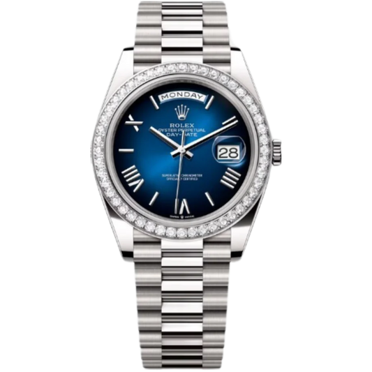 Rolex Day-Date Ref. 228249RRB 40MM White Gold Case Ombré Blue Dial Diamond Set Bezel