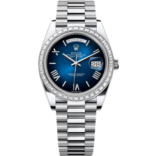Rolex Day-Date Ref. 228296TRB 40MM Platinum Case Ombré Blue Dial Diamond Set Bezel