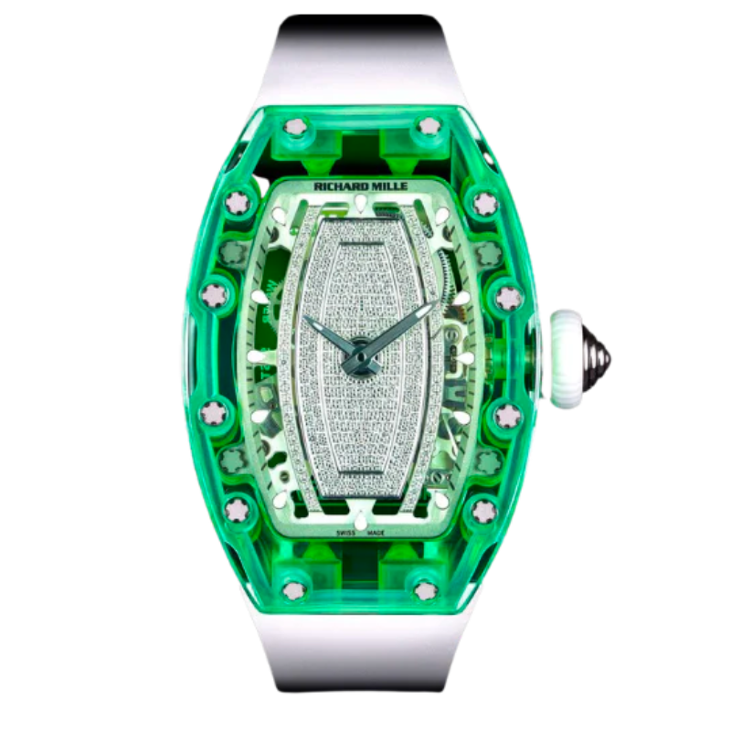 RM 07-02 Green Sapphire White Rubber Strap Green Mother-Of-Pearl Jasper or Pave Stones Dial Green Sapphire Case