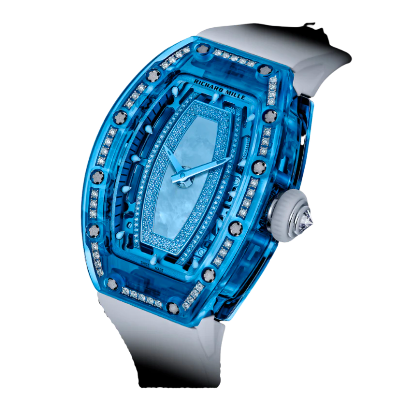 RM 07-02 Blue Sapphire White Rubber Strap Blue Mother-Of-Pearl Jasper or Pave Stones Dial Blue Sapphire Case