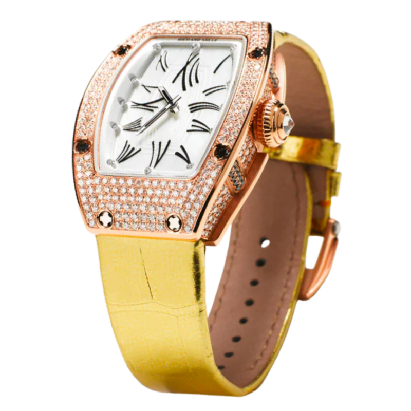 RM 007 Diamond Pave Rose Gold Leather Strap Rose Gold Diamond Set Case