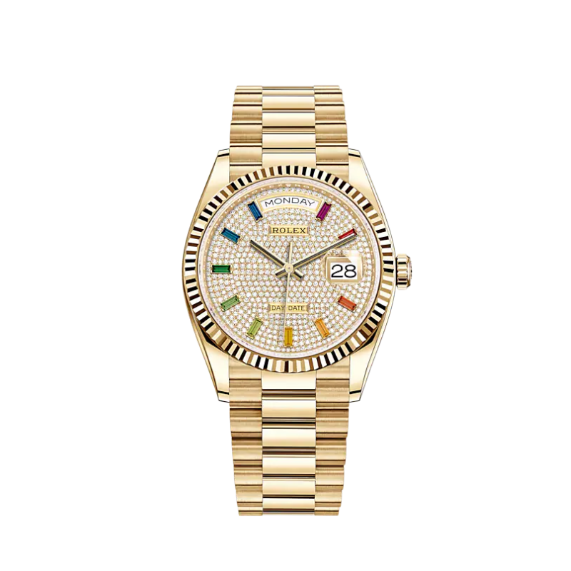 128238 Yellow Gold Day-Date 36MM Rainbow Pave Diamond Dial