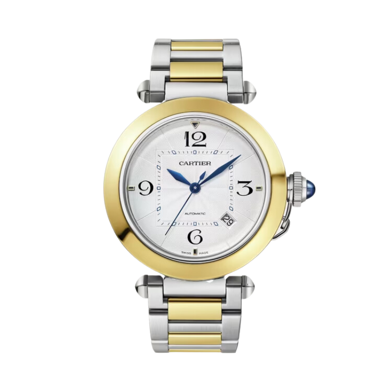 PASHA DE CARTIER 41 MM STAINLESS STEEL WITH 18K YELLOW GOLD BEZEL AND SILVER FLINQUE DIAL