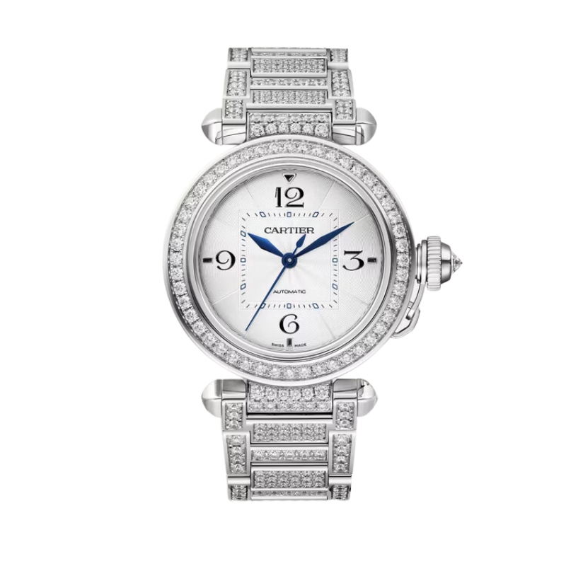 PASHA DE CARTIER 35 MM RHODIUMIZED 18K WHITE GOLD WITH SILVER FLINQUE DIAL