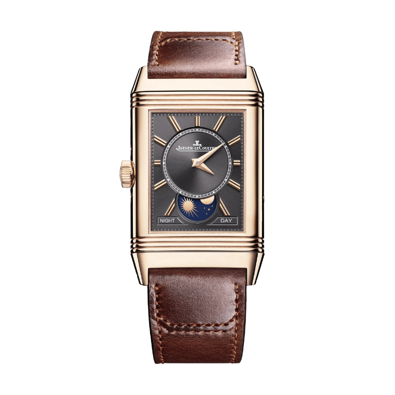 REVERSO TRIBUTE DUOFACE CALENDAR 49 MM 18K ROSE GOLD WITH  SILVER GREY AND GRAY SUNRAY BRUSHED DIAL