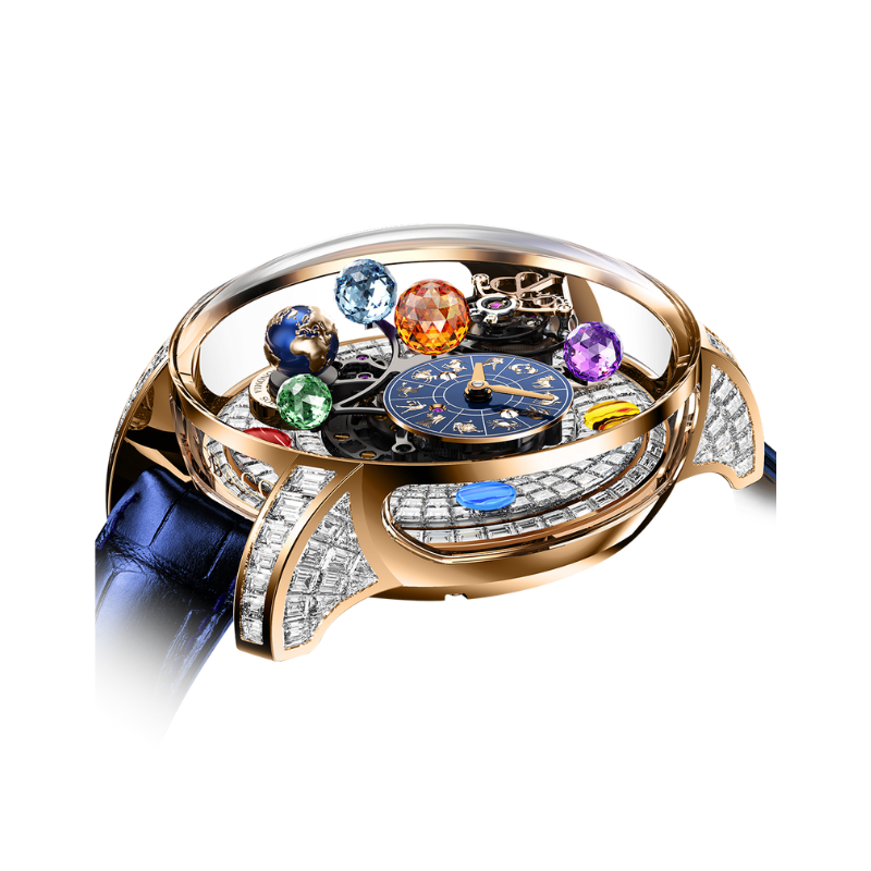 ASTRONOMIA SOLAR BAGUETTE JEWELRY – PLANETS – ZODIAC – ROSE GOLD 43 MM 18K ROSE GOLD WITH OPEN WORKED DIAL