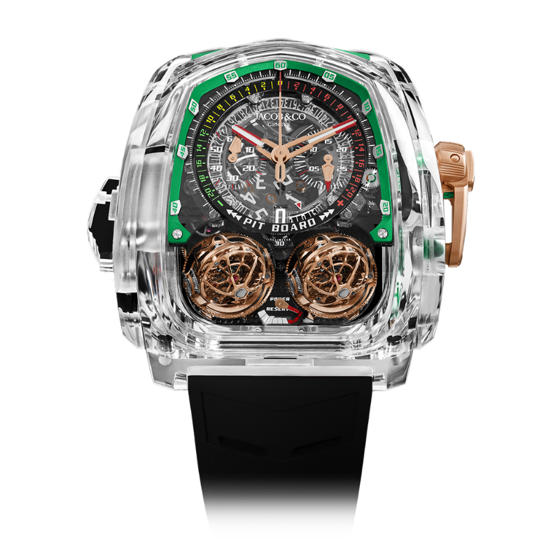 TWIN TURBO FURIOUS SAPPHIRE CRYSTAL GREEN INNER RING 59 MM SAPPHIRE CRYSTAL WITH OPENWORKED DIAL