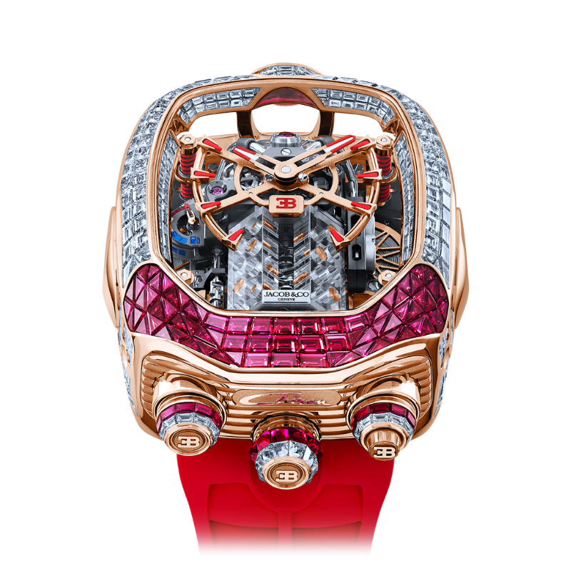 BUGATTI CHIRON TOURBILLON RUBIES AND WHITE DIAMONDS 55 MM 18K ROSE GOLD WITH OPENWORKED DIAL