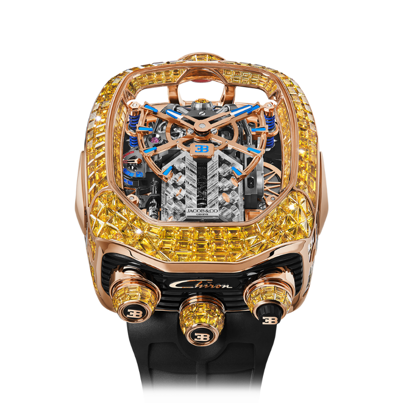 BUGATTI CHIRON TOURBILLON BAGUETTE YELLOW SAPPHIRES 55 MM 18K ROSE GOLD WITH OPENWORKED DIAL