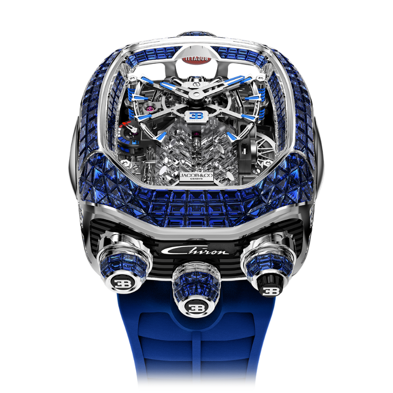 BUGATTI CHIRON TOURBILLON BAGUETTE BLUE SAPPHIRES 55 MM 18K WHITE GOLD WITH  OPENWORKED DIAL