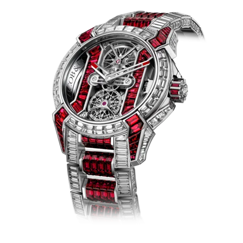 EPIC X TOURBILLON BAGUETTE DIAMONDS AND RUBIES BRACELET 44 MM 18K WHITE GOLD WITH OPEN WORKED DIAL