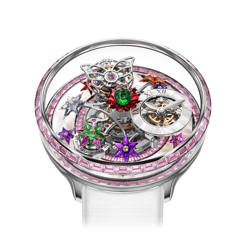 FLEURS DE JARDIN PINK SAPPHIRES WHITE GOLD 42 MM 18K WHITE GOLD WITH OPENWORKED DIAL