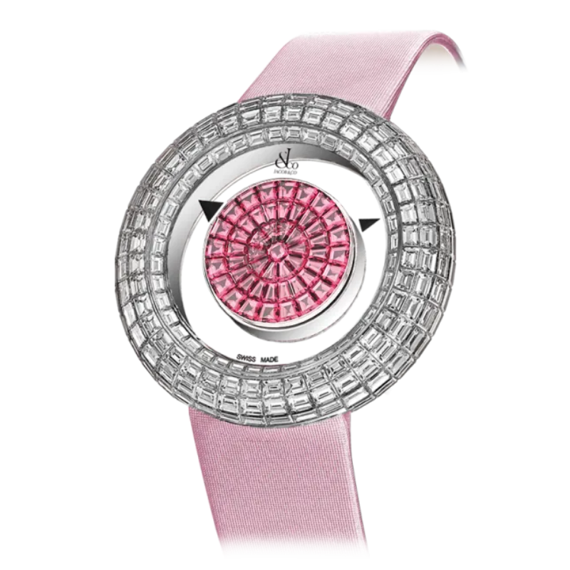 BRILLIANT MYSTERY BAGUETTE PINK SAPPHIRES 38 MM 18K WHITE GOLD WITH PINK DIAL