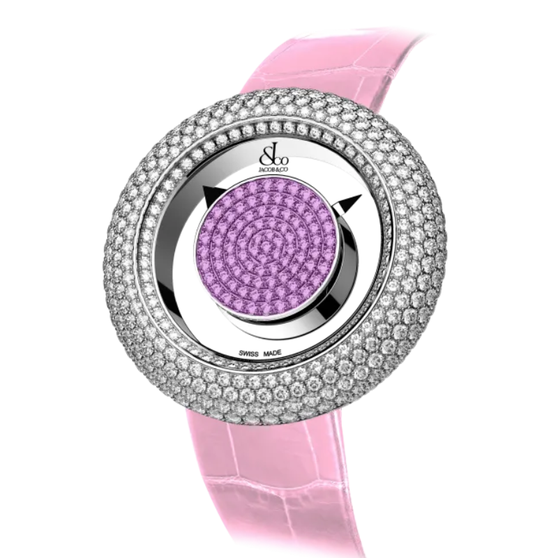 BRILLIANT MYSTERY BAGUETTE PAVE DIAMONDS AND PINK SAPPHIRES 38 MM 18K WHITE GOLD WITH PINK DIAL